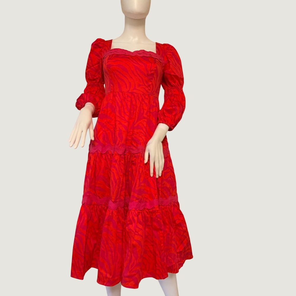 NWT Alden Adair Mia Womens Dress Red Pink Zebra Print Ric-Rac Tiered Midi XS